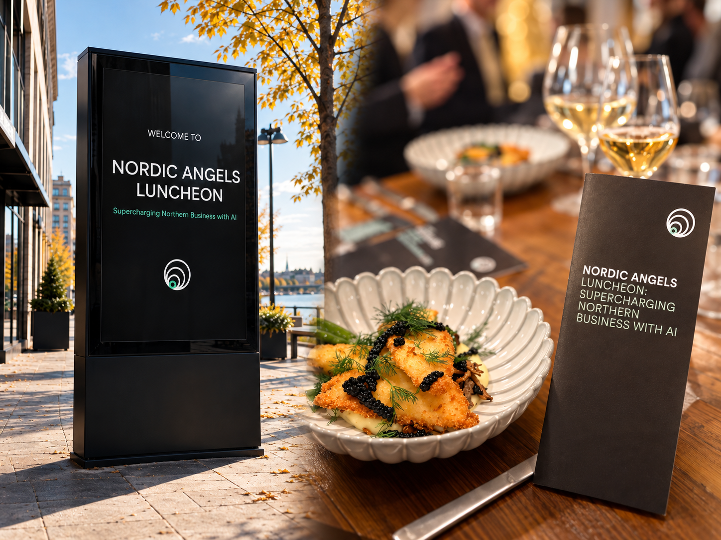 Skyltar med Nordic Angels Luncheon: Supercharging Northern Business with AI vid lunchen i Umeå