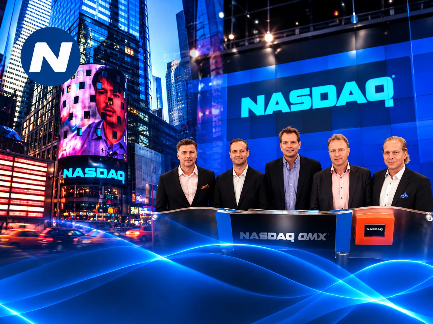 Besök på NASDAQ MarketSite i New York med delegationen framför NASDAQ OMX-skylten och Times Square i bakgrunden.