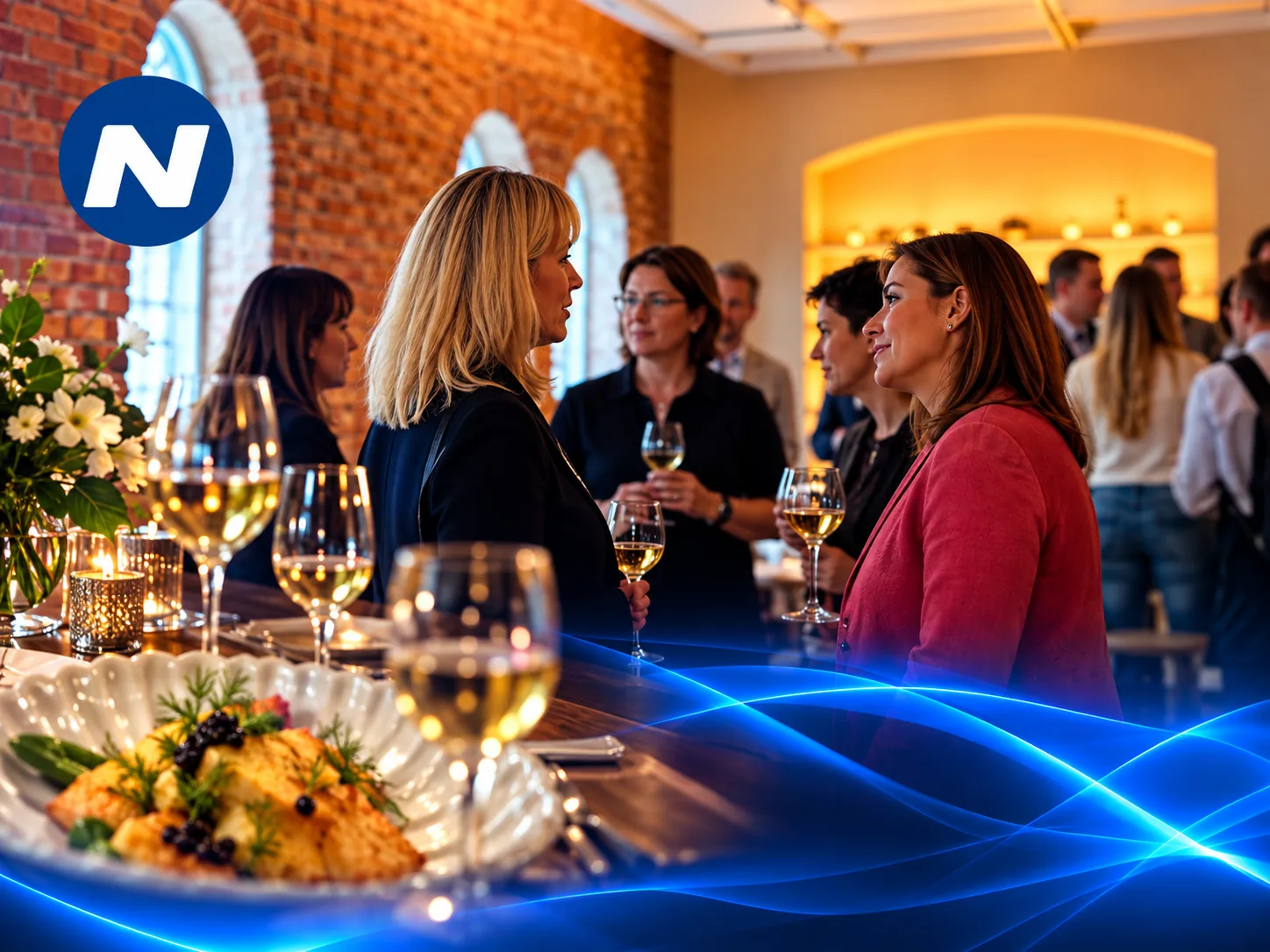 Minglande gäster vid Nordic Angels Luncheon i Umeå med serverad fiskrätt och skylten Supercharging Northern Business with AI, med rubriken Inspirerande lunch med Nordic Angels och Nyemissions logotyp.