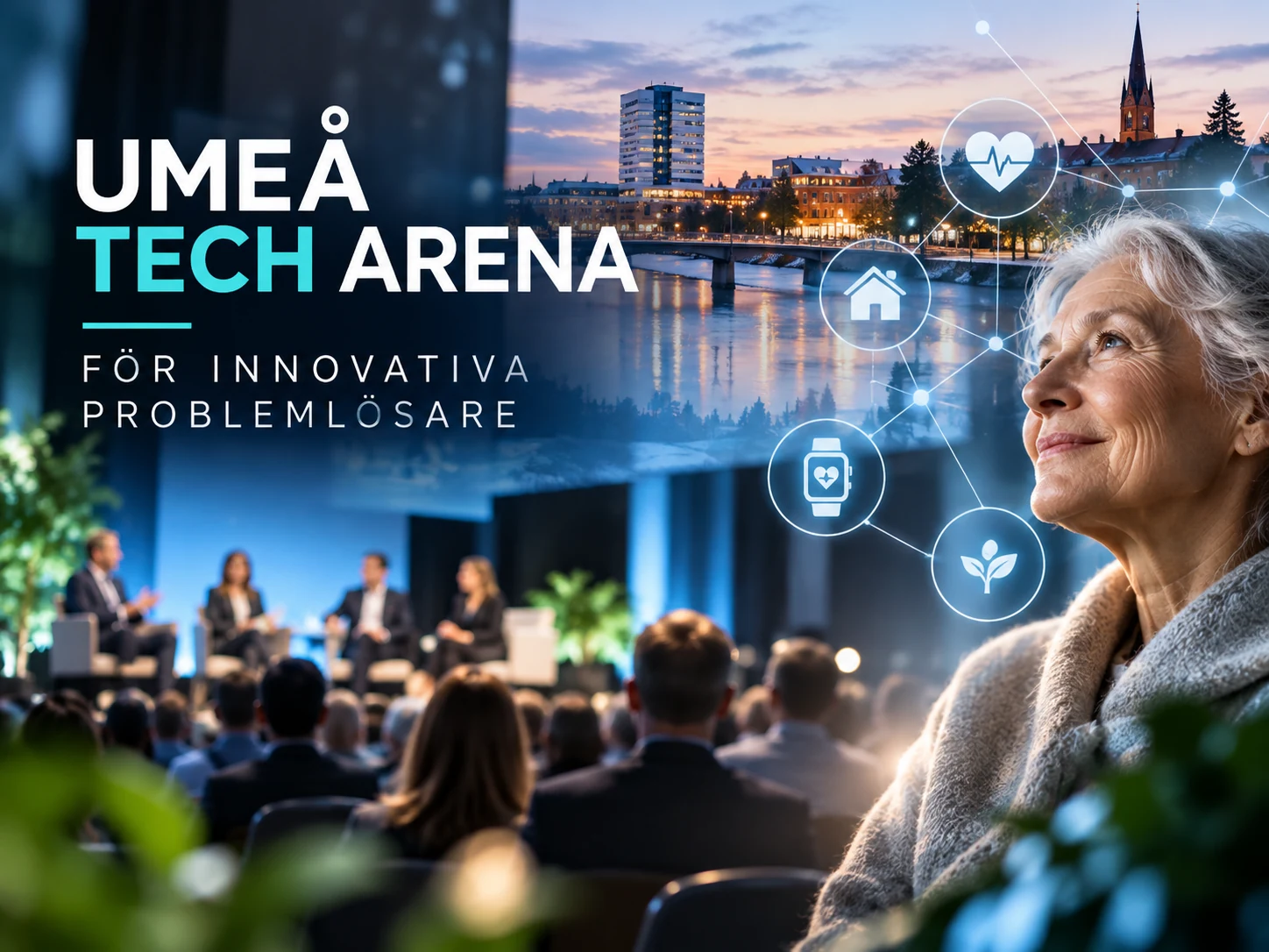 Umeå Tech Arena – för innovativa problemlösare: Umeås stadsbild, ett panelsamtal och en äldre kvinna med symboler för AgeTech.